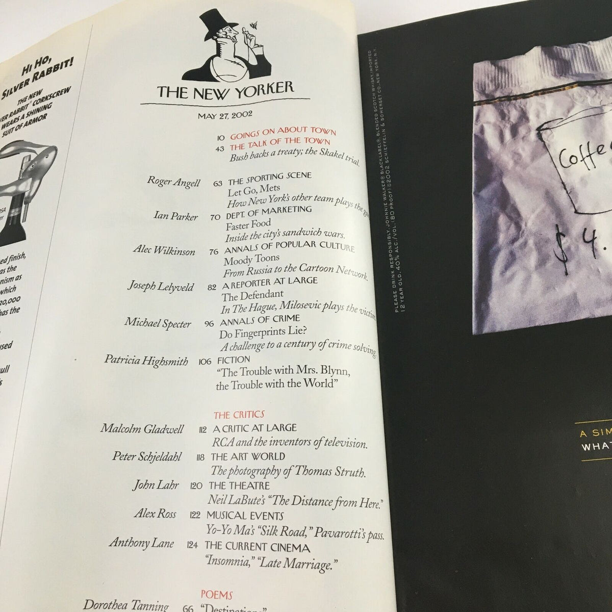Interior page of The New Yorker Full Magazine May 27 2002 showing article titles and contributors.