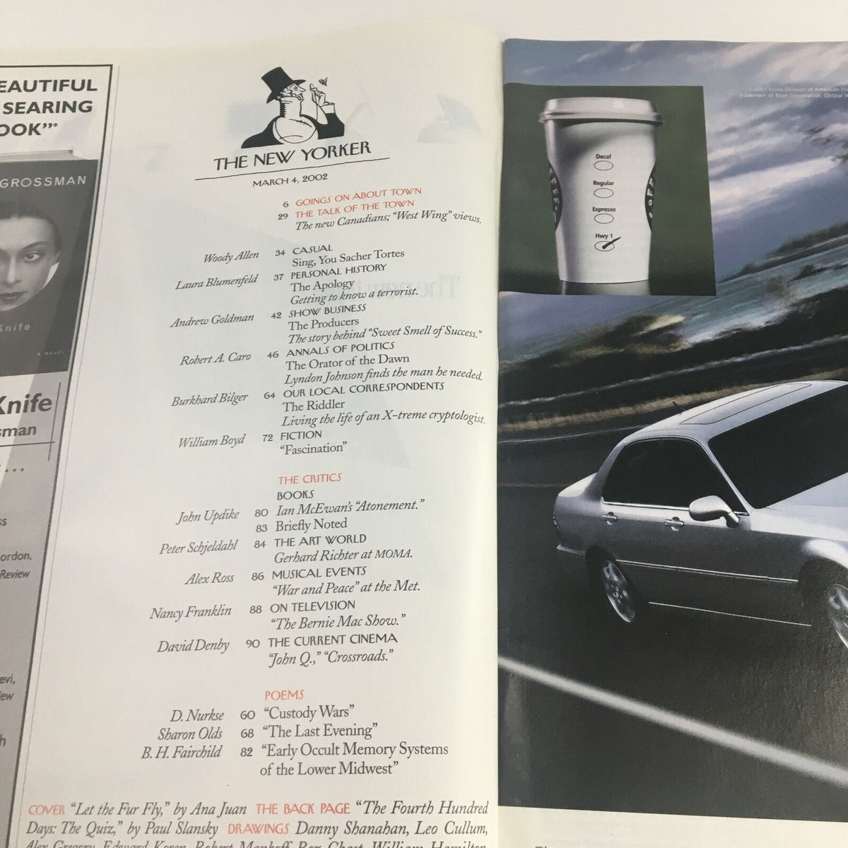 Inside page of The New Yorker Full Magazine March 4 2002 displaying content listings and advertisements, reflecting the magazine's diverse features.
