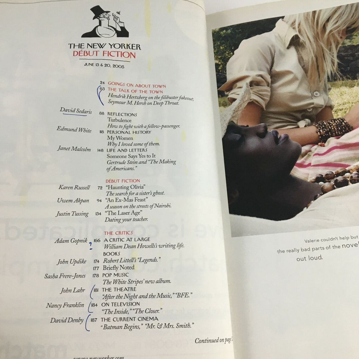Inside page of The New Yorker Full Magazine from June 13, 2005, displaying the table of contents with listings for the Debut Fiction section, featuring authors like David Shire and Justin Moyer.