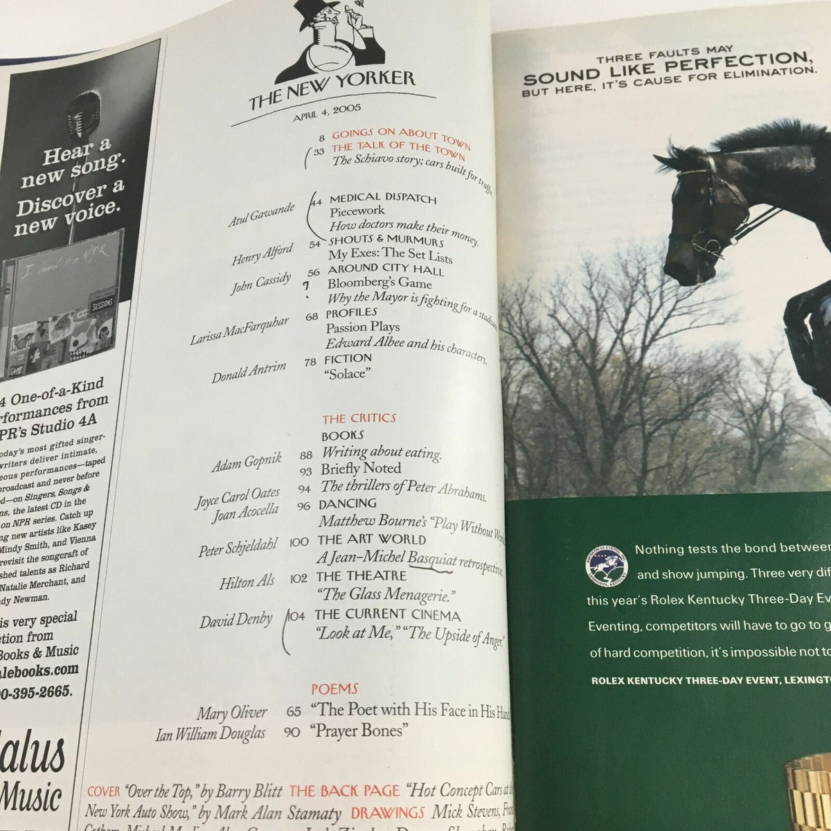 Interior page of The New Yorker Full Magazine April 4 2005, showcasing articles and features including notifications about cultural events and musical performances.