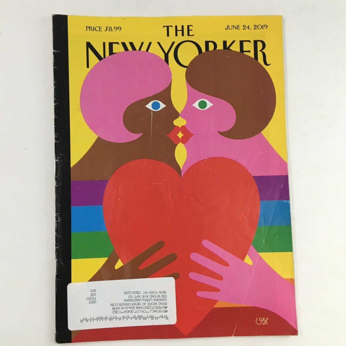Cover of The New Yorker Full Magazine June 24, 2019, featuring vibrant artwork titled 'Heartfelt' by Olimpia Zagnoli, depicting two stylized figures sharing a kiss in front of a bright background, with a large red heart in the center.