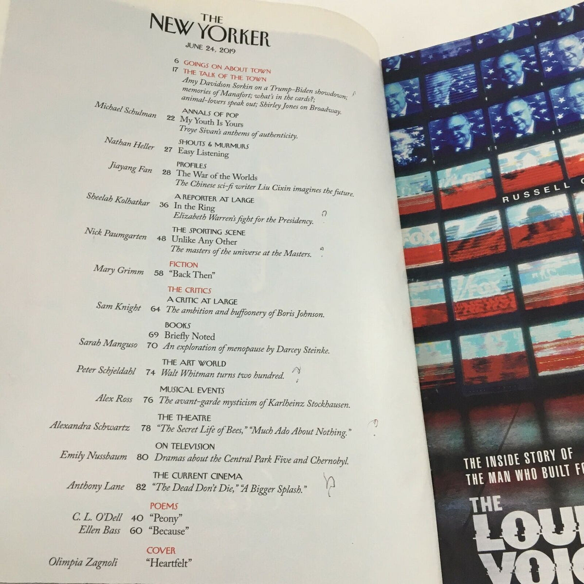 Table of contents page from The New Yorker magazine June 24, 2019, listing articles and contributors, including Olimpia Zagnoli's 'Heartfelt' cover feature.