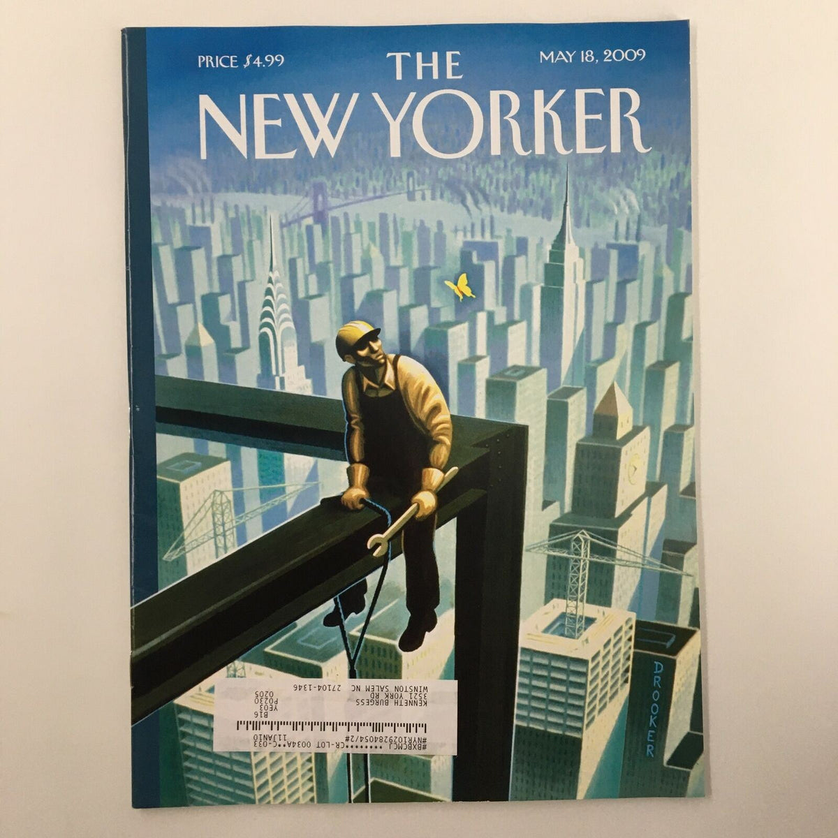 Cover of The New Yorker Full Magazine May 18, 2009, featuring the artwork 'Coming Up For Air' by Eric Drooker, showcasing an individual on a skyscraper beam against a city skyline.