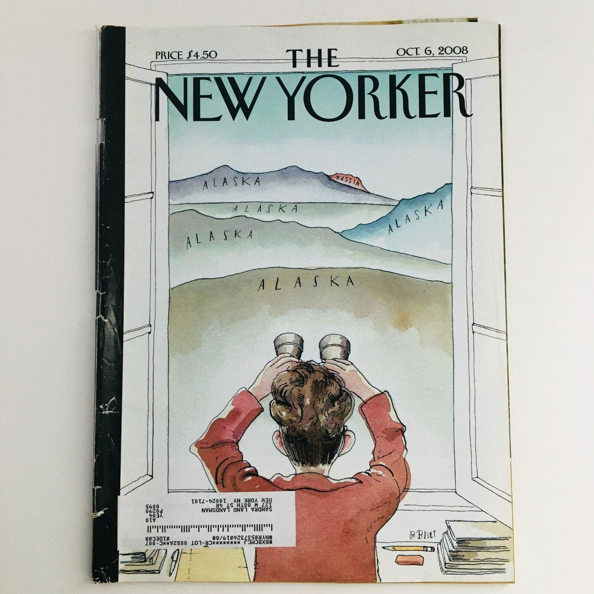 The New Yorker October 6, 2008 magazine cover illustrated by Barry Blitt, featuring a boy looking through binoculars at a scenic view of Alaska.