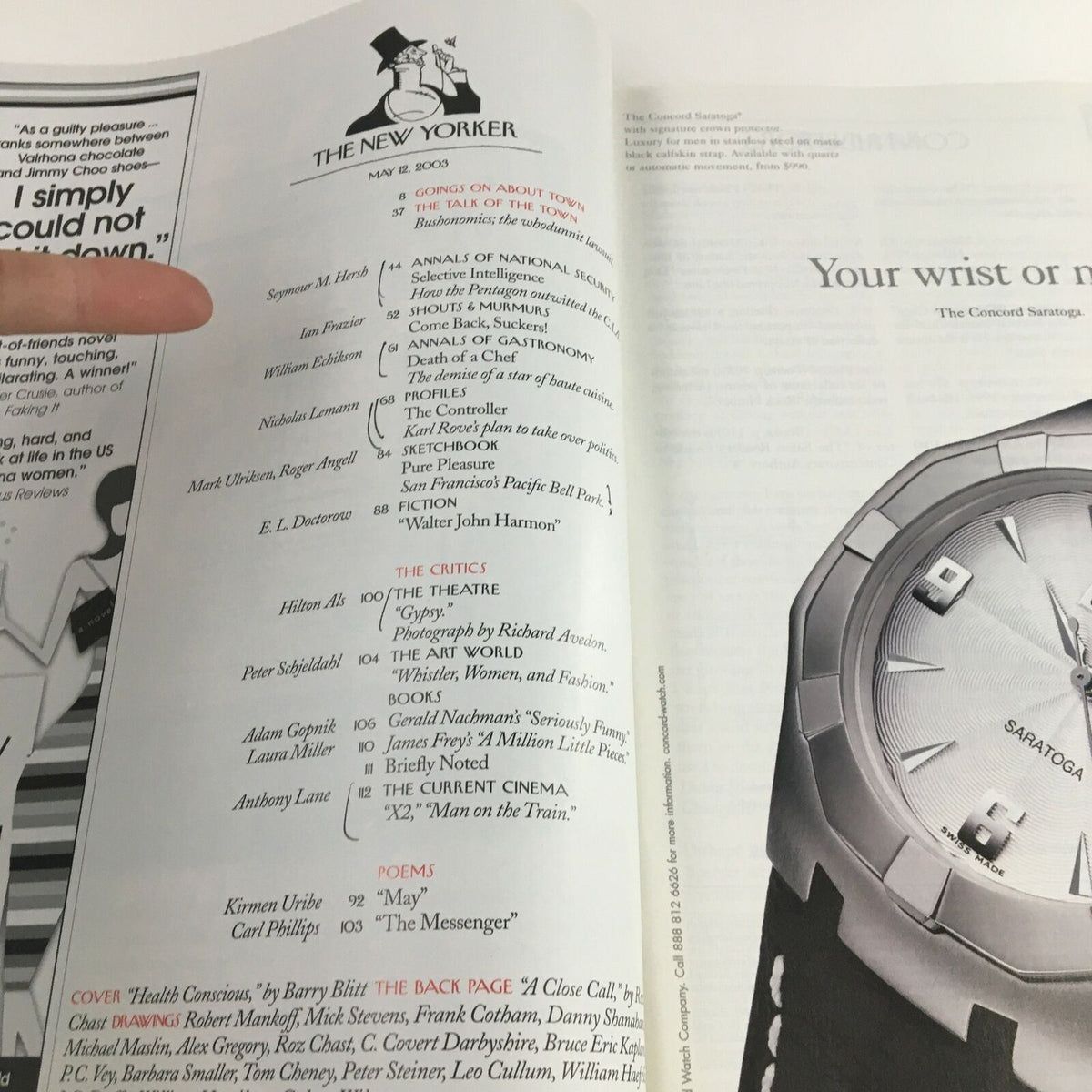 Interior page of The New Yorker magazine May 12, 2003, displaying content listings with a detailed focus on articles and contributors, reflecting the magazine's diverse coverage.