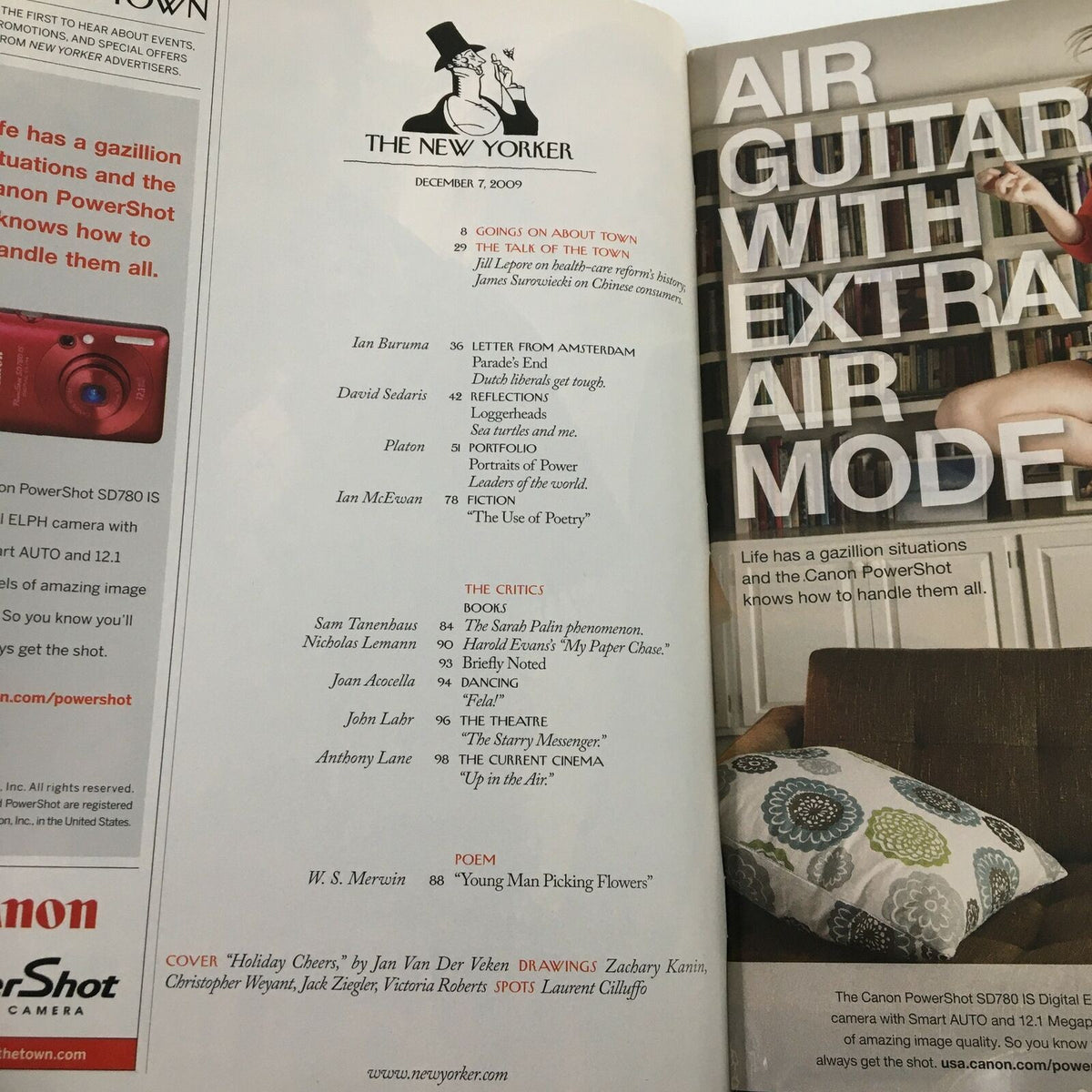 Interior page of The New Yorker Full Magazine December 7 2009 showcasing contents, including listings of articles and illustrations, emphasizing the cultural commentary and artistic contributions of the issue.