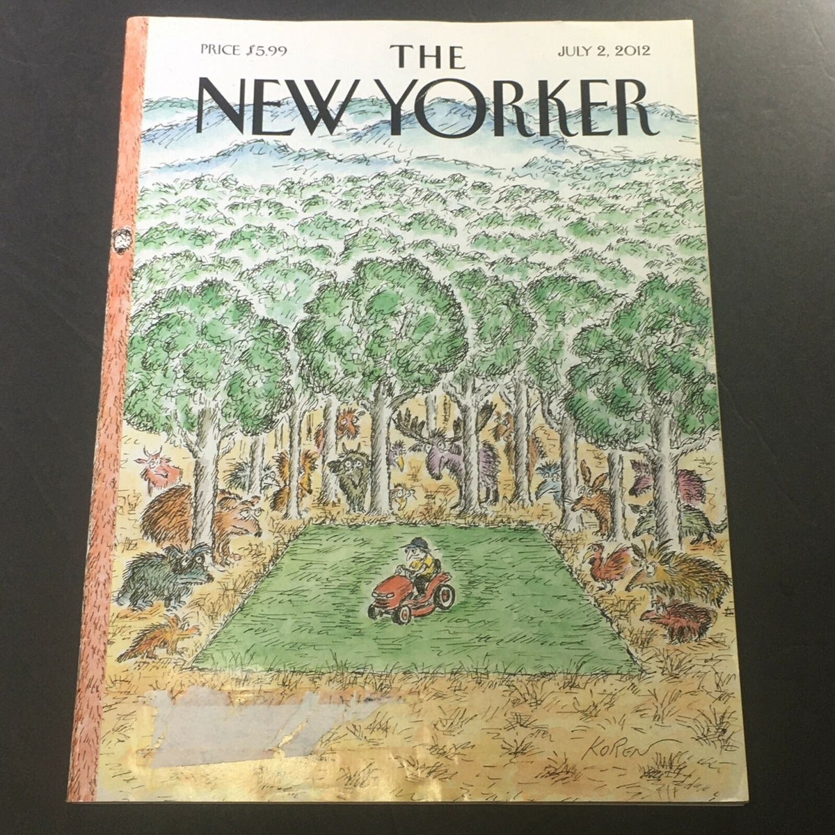 The New Yorker July 12 2012 - Full Magazine Theme Cover by Edward Koren, featuring a whimsical illustration of a character mowing a lawn surrounded by a lush forest, showcasing the magazine's unique artistic style.