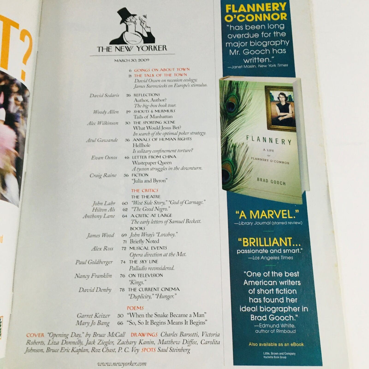 Interior page of The New Yorker March 30 2009 showcasing the table of contents and an advertisement for the biography of Flannery O'Connor.