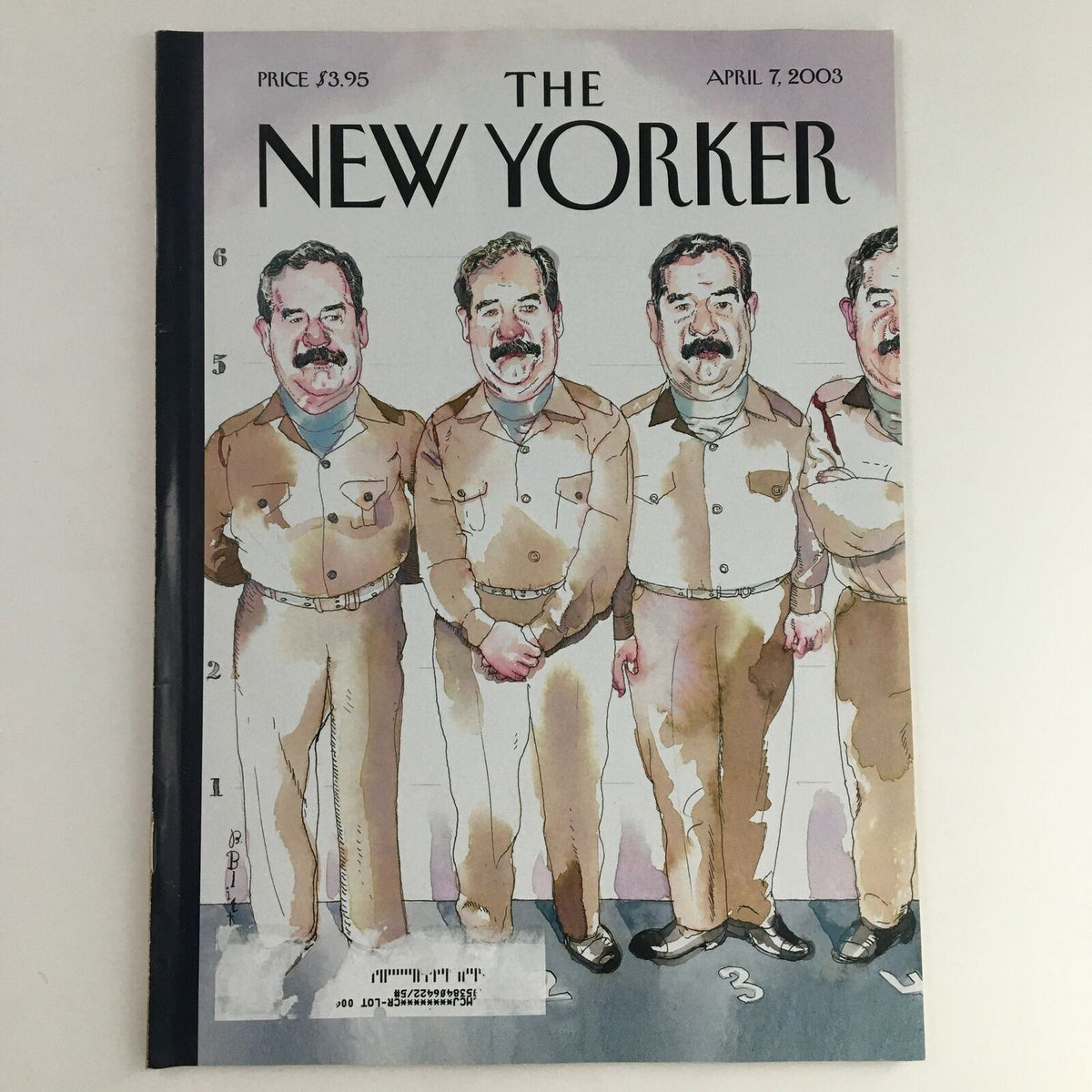 Cover of The New Yorker Full Magazine April 7, 2003, featuring an illustration by Harry Bliss of multiple cartoon figures in tan uniforms, showcasing early 2000s culture.