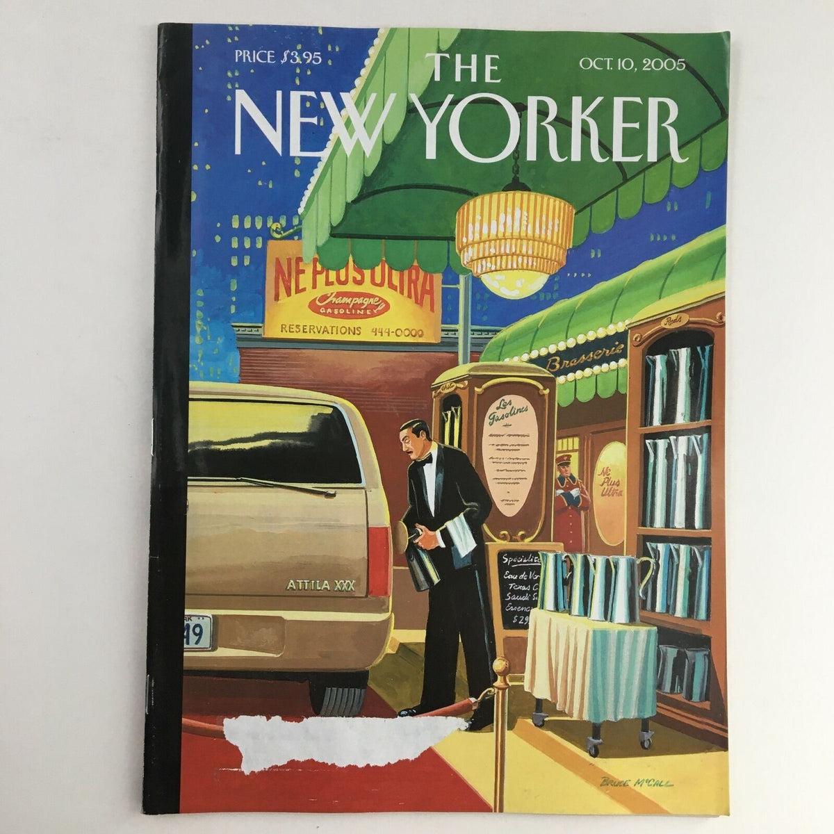 The New Yorker Full Magazine October 10 2005 featuring cover art 'A Soupcon of Ethyl' by Bruce McCall. Captivating illustration showcasing a street scene with a man at a restaurant, emphasizing cultural and political commentary.