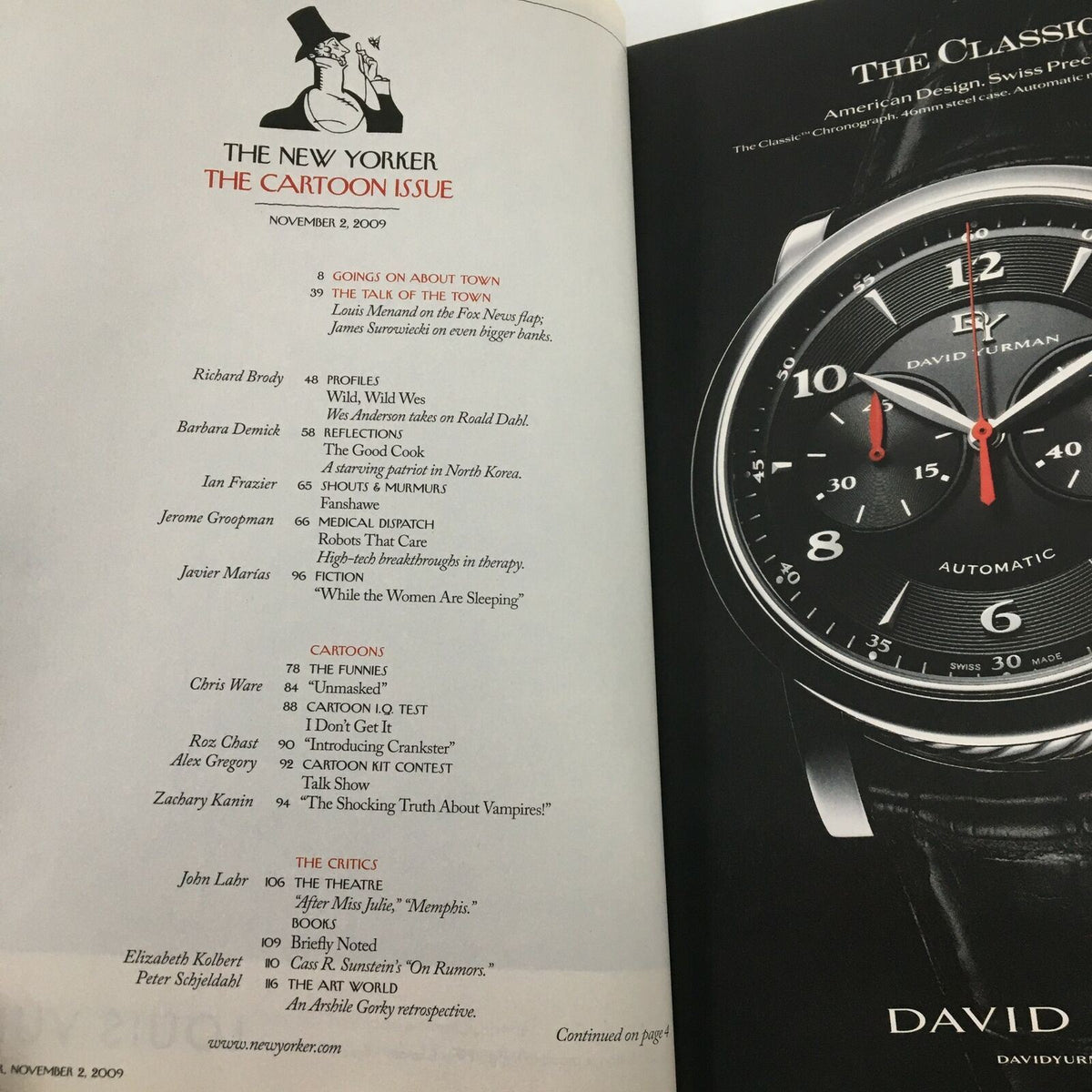 Inside page of The New Yorker Full Magazine November 2, 2009 displaying the table of contents, highlighting features like 'The Talk of the Town' and the Cartoon Issue, along with cartoonist Chris Ware's contributions.