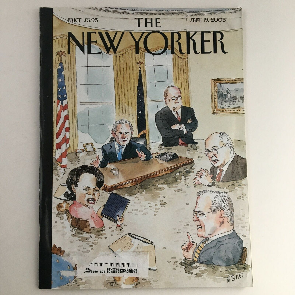 Cover of The New Yorker magazine, September 19, 2005, featuring the illustration by Barry Blitt. The artwork depicts a political scene with notable figures engaged in a discussion, surrounded by floodwaters, symbolizing the challenges of that era. This issue includes the article 'Trent Lott's Bet' and represents a blend of satire and commentary.