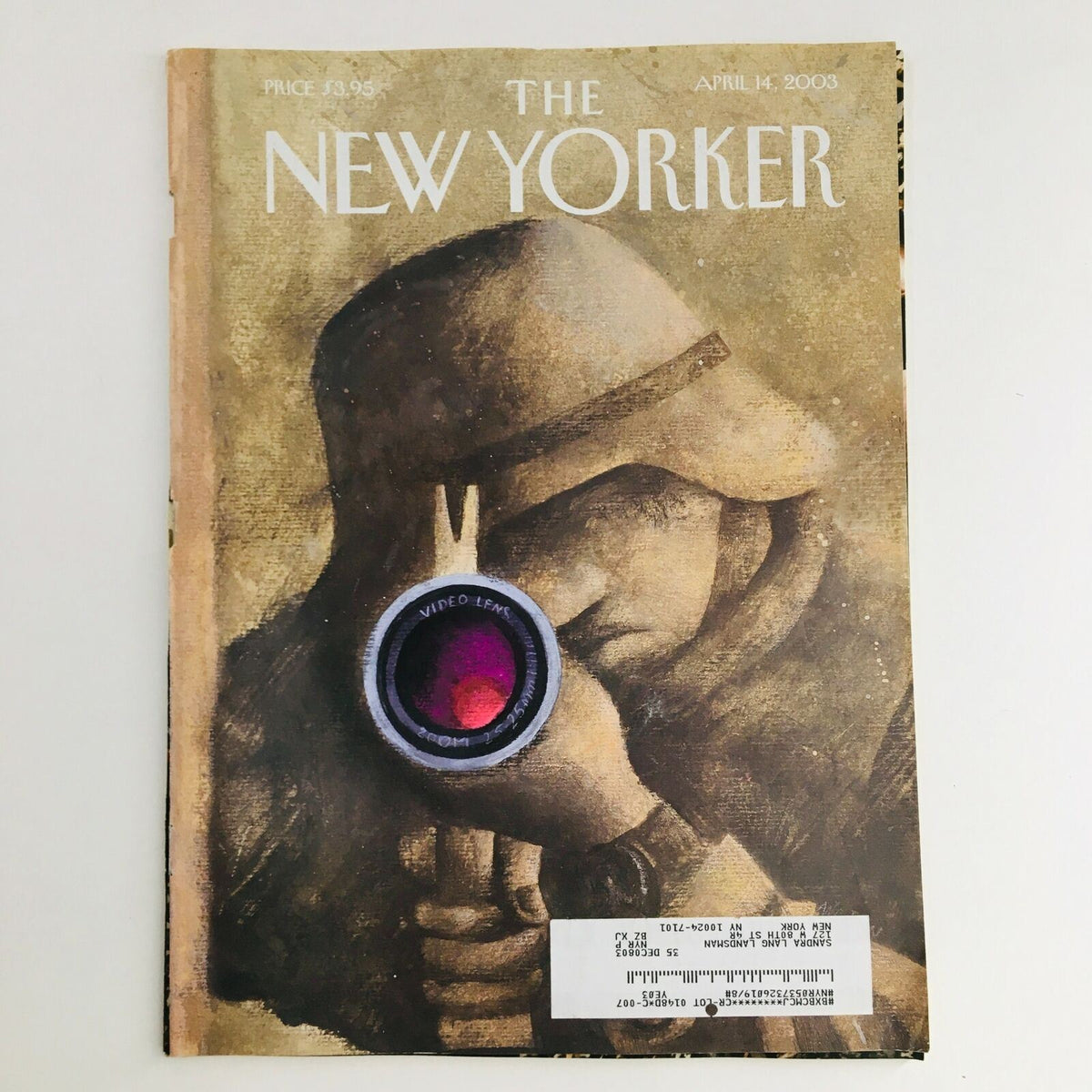 The New Yorker April 14 2003 full magazine cover designed by Ana Juan, featuring a striking illustration of a person holding a video lens with an artistic, textured background.