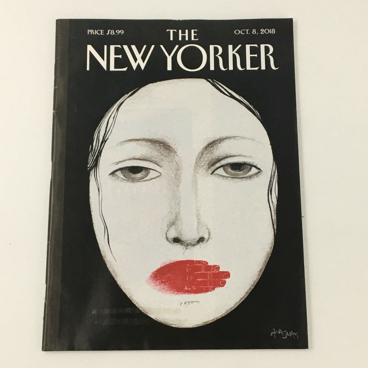 The New Yorker October 8 2018 Full Magazine Cover featuring the theme 'Unheard' illustrated by Ana Juan, showcasing a striking artistic representation with a woman's face and a red hand over her mouth.
