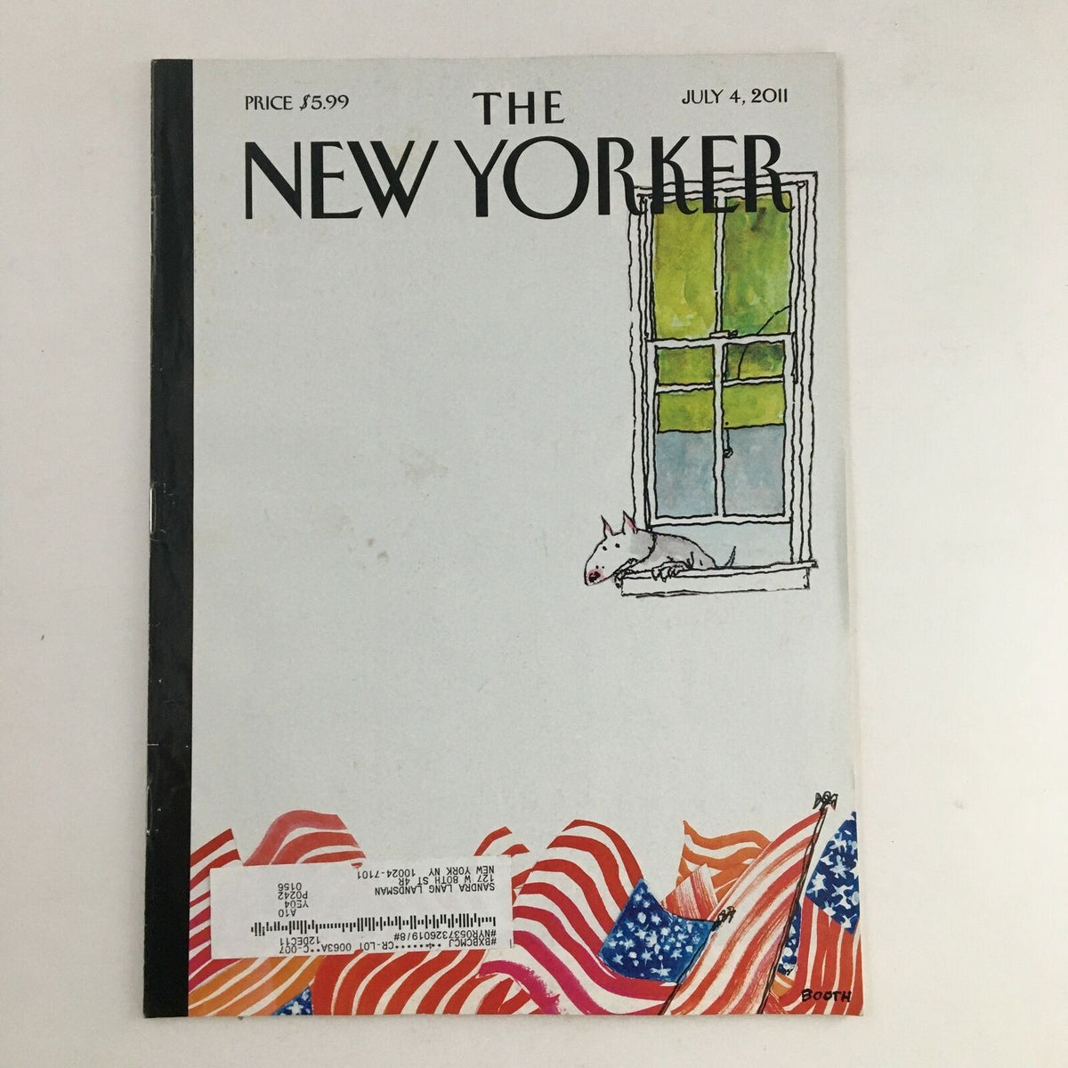 The New Yorker July 4 2011 Full Magazine Theme Cover by George Booth featuring a charming illustration of a window with a dog and American flags.