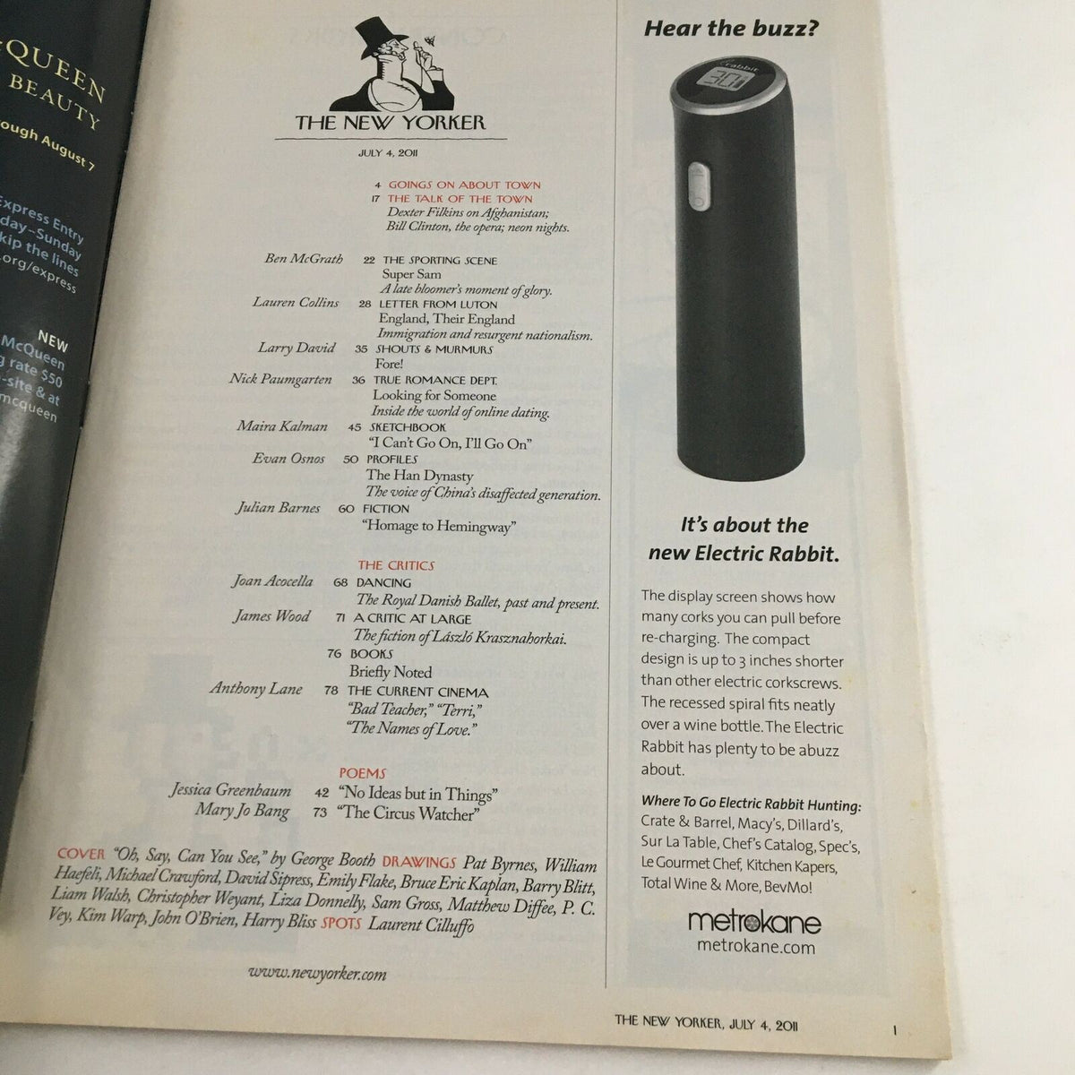 The New Yorker July 4 2011 magazine interior page showcasing engaging content and advertisements, including details about the issue's features.