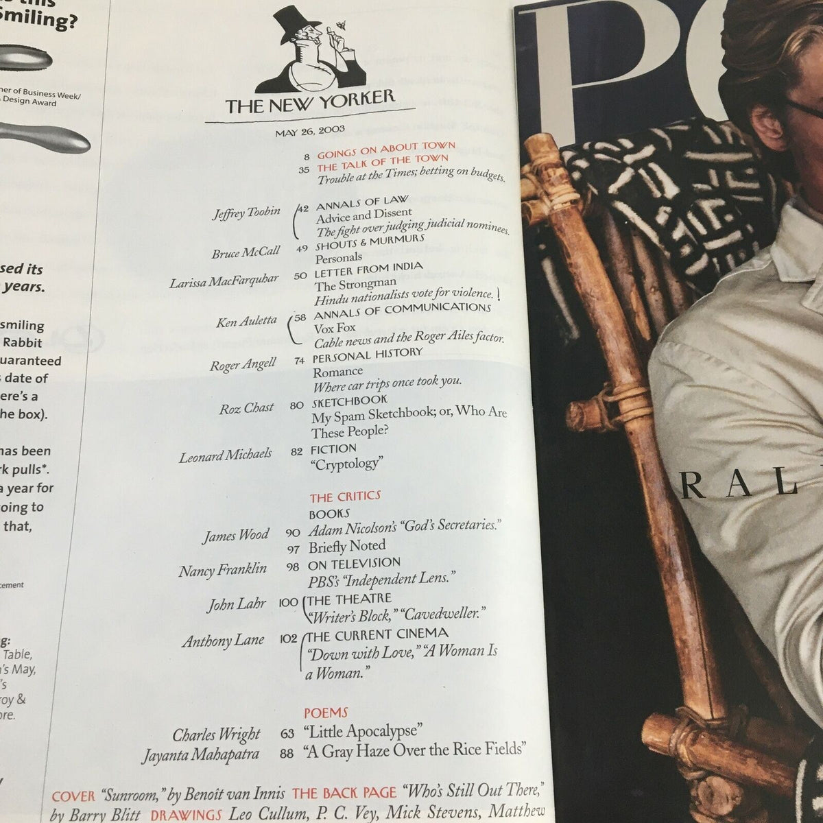 Inside page of The New Yorker Full Magazine May 26 2003 displaying the table of contents, including articles and contributors for this edition.