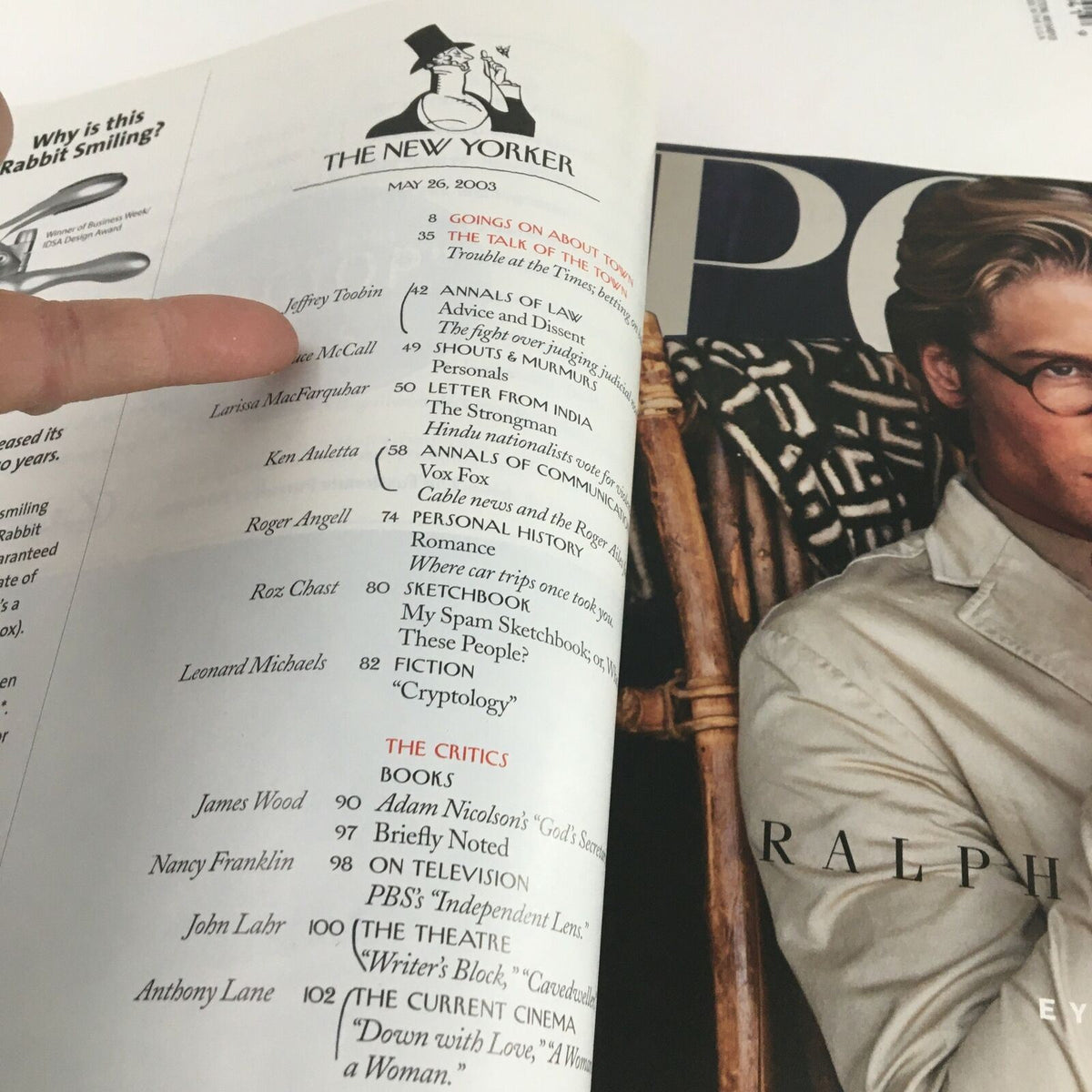 Detailed view of an inside page from The New Yorker Full Magazine May 26 2003, focusing on the table of contents and highlighting select contributors and articles.