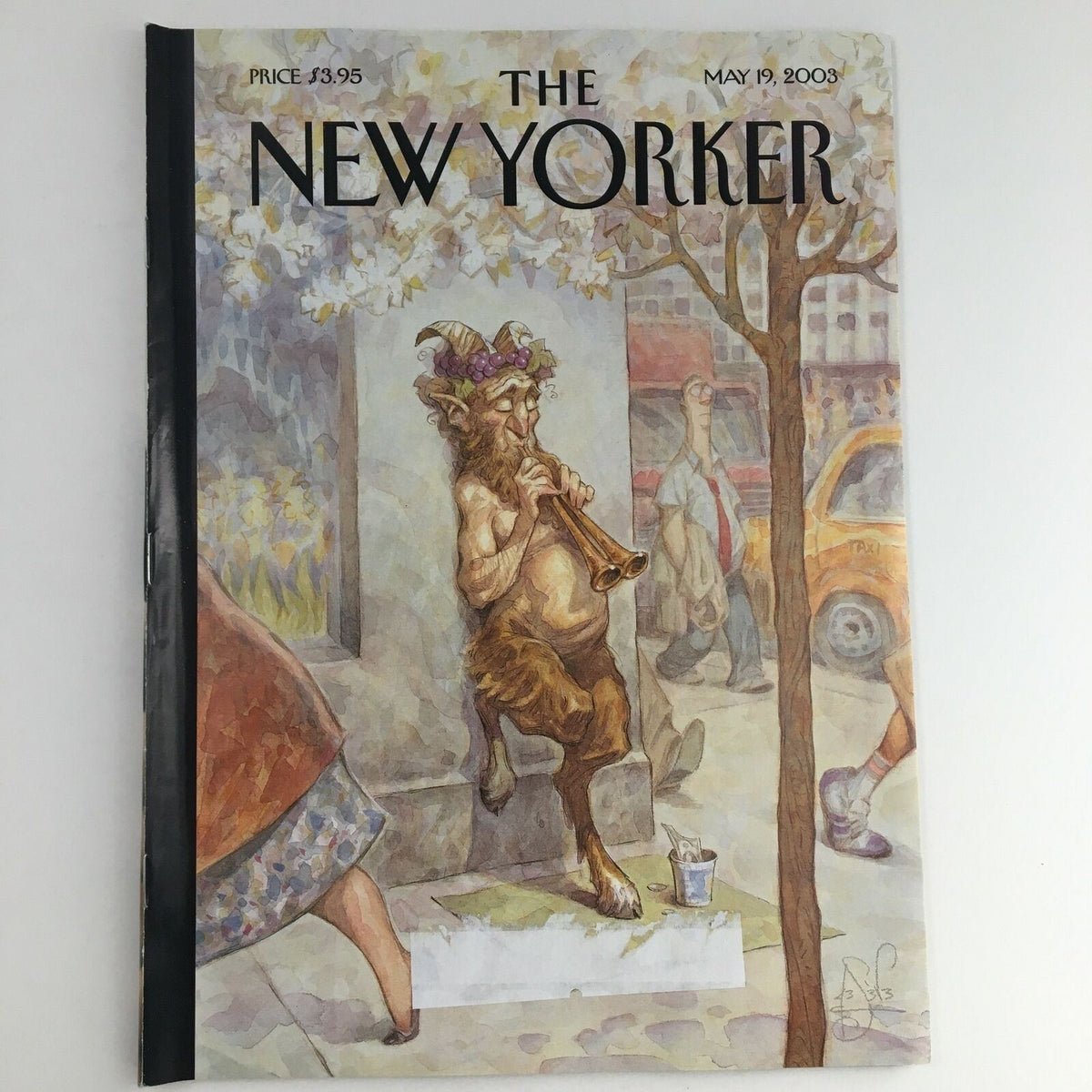 Cover of The New Yorker magazine dated May 19, 2003, featuring the art "Panhandler" by Peter de Sève, depicting a whimsical street scene with a satyr playing a flute.