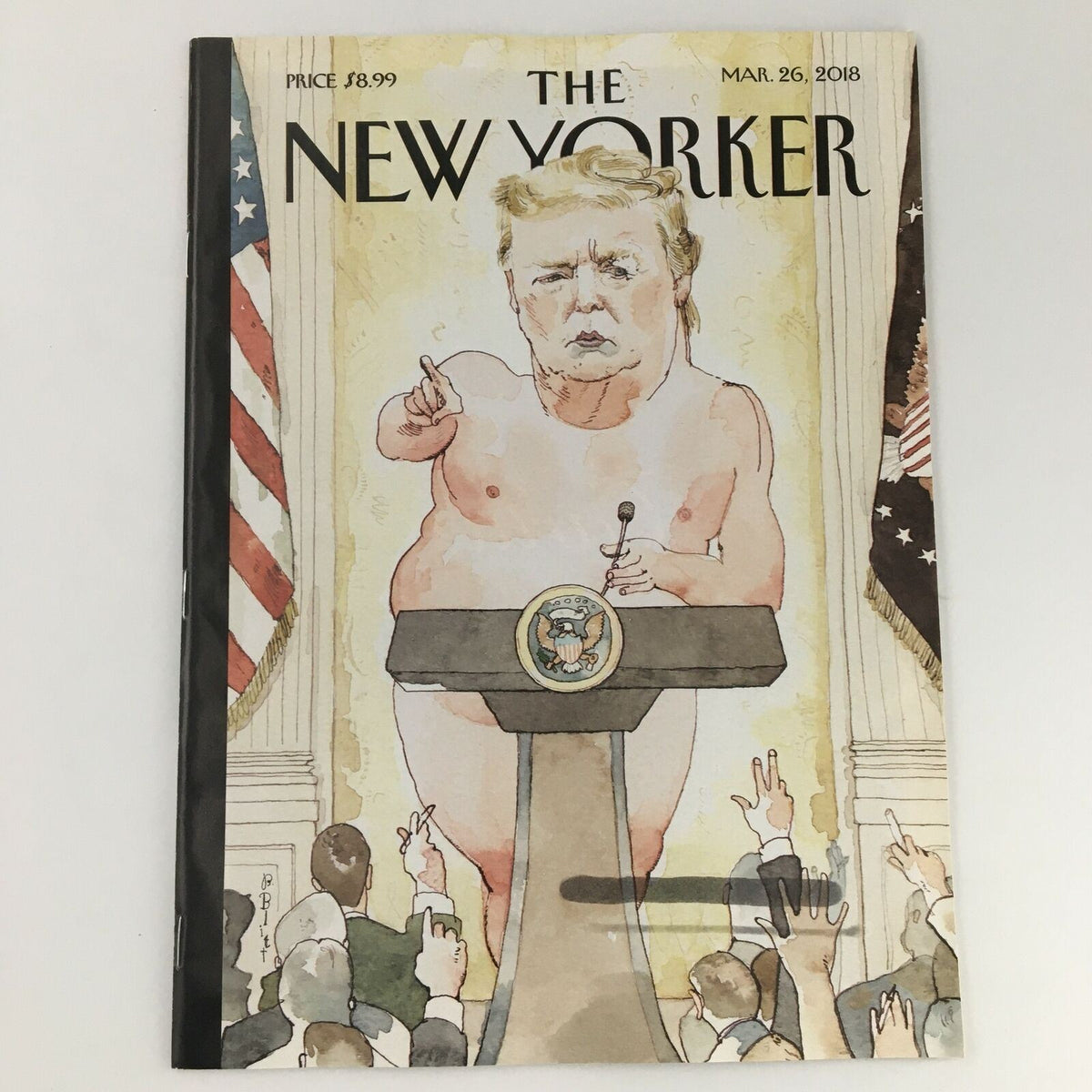 Cover of The New Yorker Magazine, March 26, 2018, featuring satirical illustration of Donald Trump by Barry Blitt, highlighting political commentary and artistic expression.