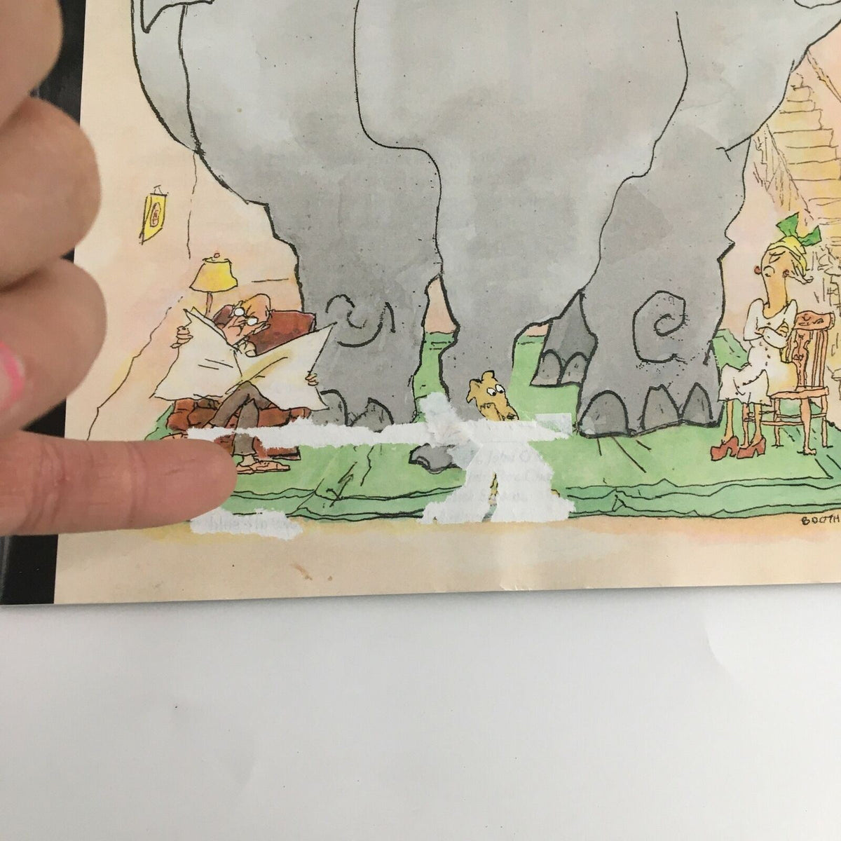 Close-up detail of The New Yorker January 1 2018 magazine cover illustrating an elephant with characters reacting humorously, highlighting George Booth's unique cartoon style.