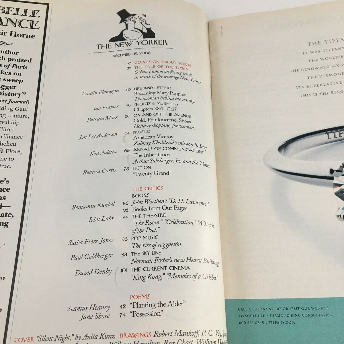 Inside page of The New Yorker Full Magazine December 19 2005 showcasing the table of contents with various articles and contributions, including the title 'Silent Night'.
