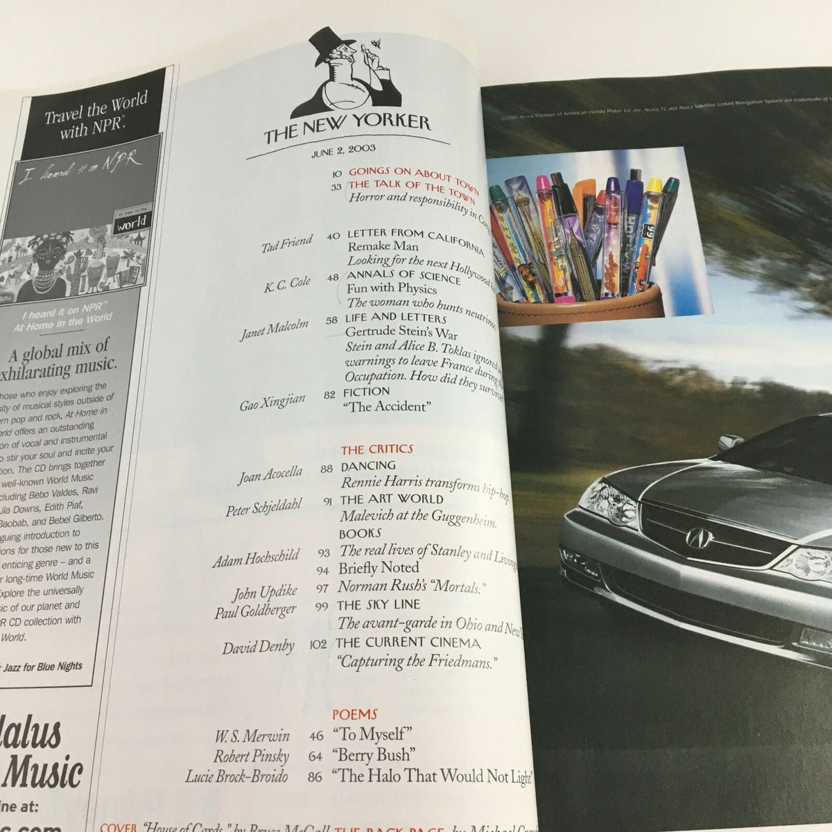 Interior page of The New Yorker magazine, June 2, 2003, displaying contents and features, including articles and visual elements.
