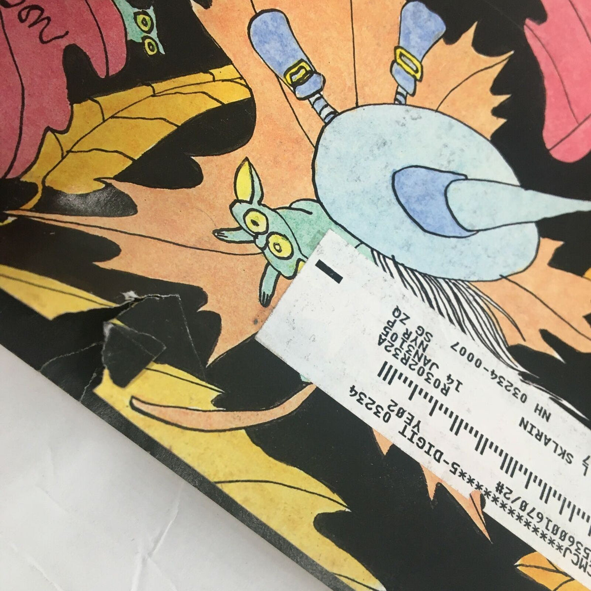 Close-up of The New Yorker Full Magazine November 4 2002 cover showing an address label on the vibrant leaf artwork by Gahan Wilson.