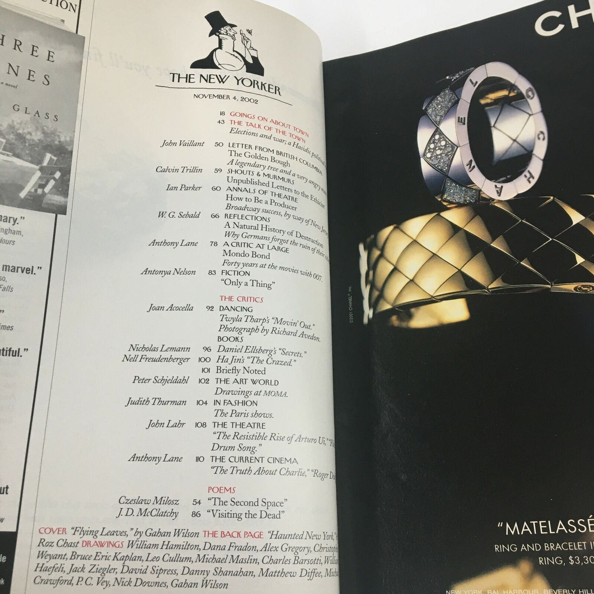 Interior page of The New Yorker Full Magazine November 4 2002 listing content and contributors alongside cover art by Gahan Wilson.