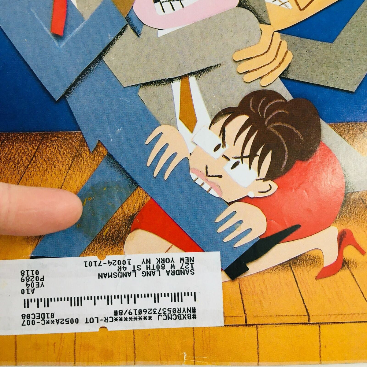 Close-up of The New Yorker October 27 2008 magazine cover featuring Richard McGuire's artwork, showing a hand pointing at an address label on the front.