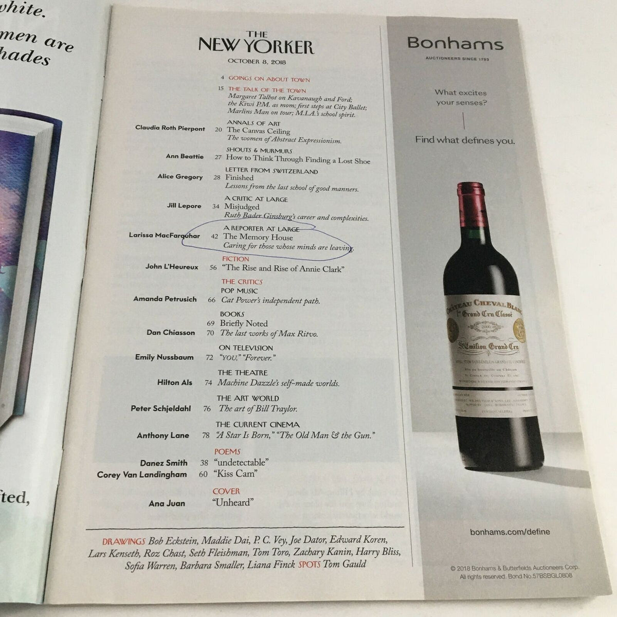 Inside pages of The New Yorker magazine dated October 8, 2018, showcasing the table of contents and advertisements with a feature on Ana Juan's "Unheard" cover.