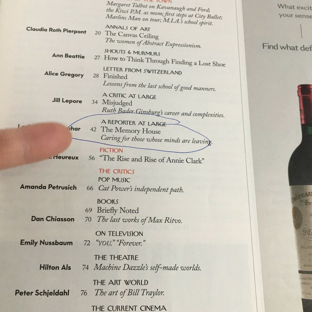 Close-up view of an inside page from The New Yorker magazine October 8, 2018, highlighting articles including 'Caring for those minds are leaving' and 'The Rise and Rise of Annie Clark'. The magazine features the distinctive 'Unheard' cover by Ana Juan.
