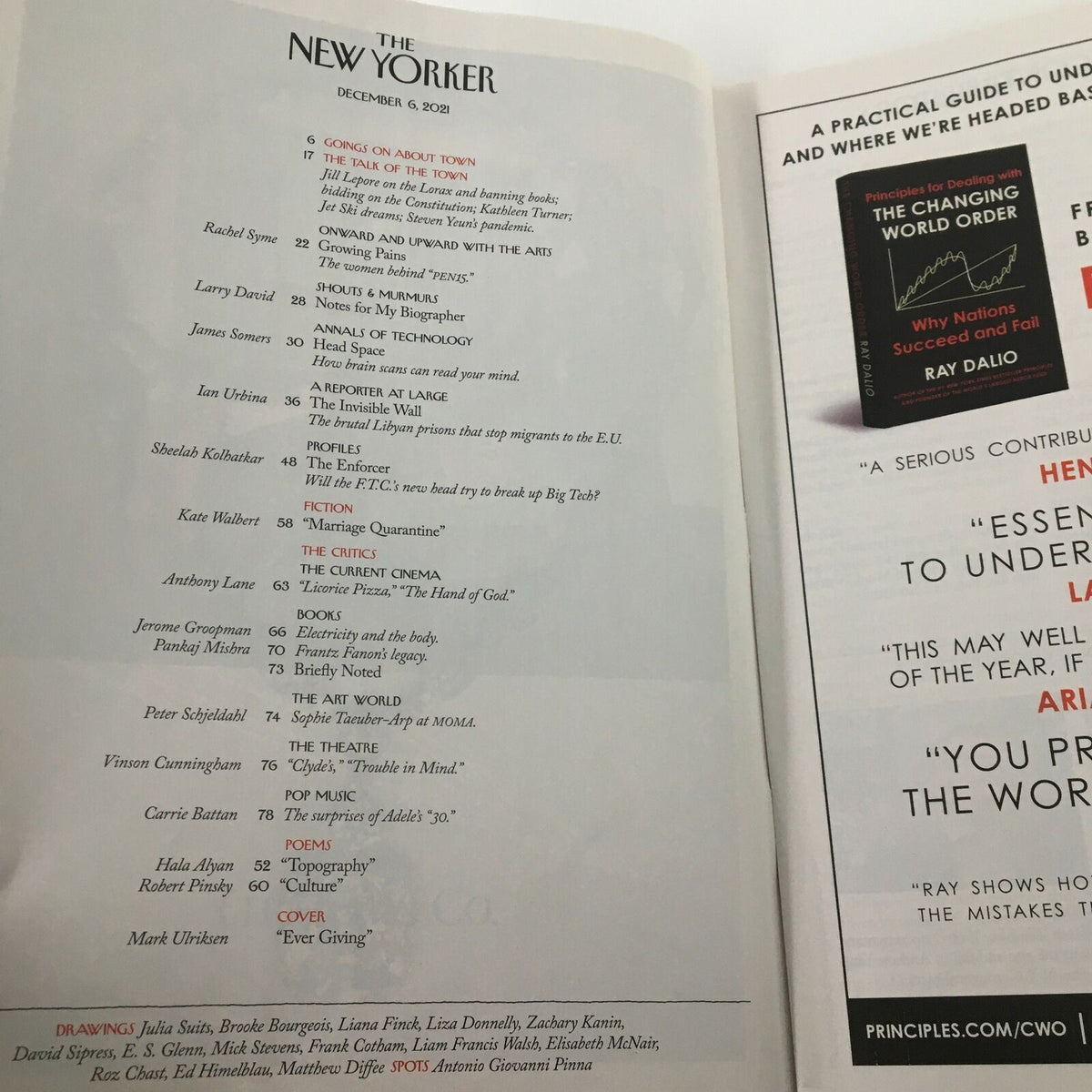Contents page of The New Yorker Full Magazine December 6, 2021 showcasing articles and contributors, with the featured piece 'Ever Giving' by Mark Ulriksen.