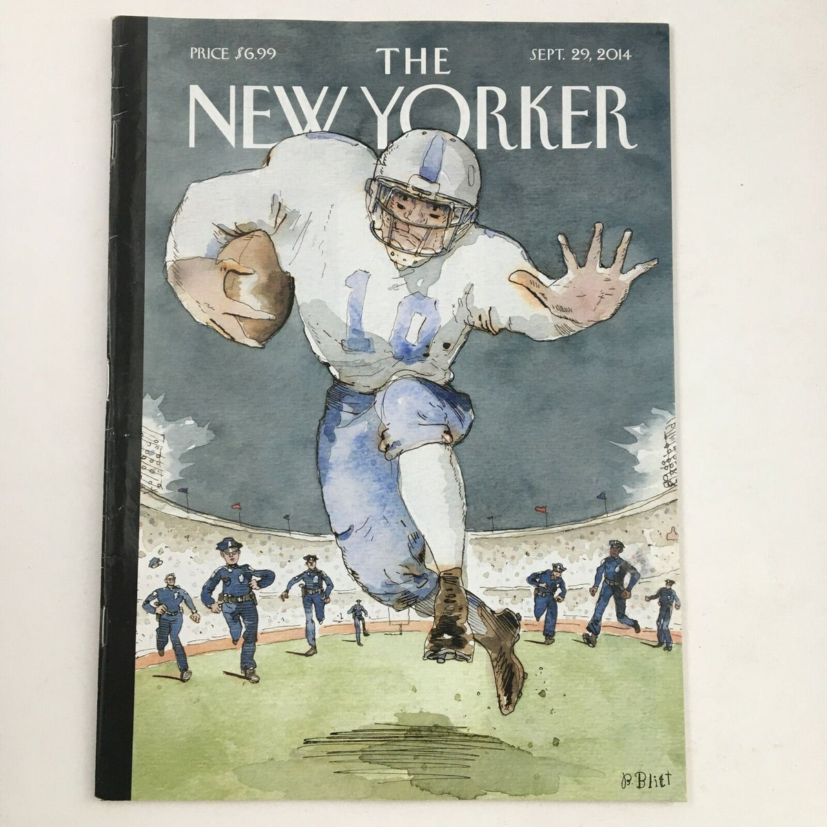 The New Yorker September 29 2014 Full Magazine Theme Cover by Barry Blitt featuring a dynamic illustration of a football player running, depicting contemporary culture in a vintage magazine format.
