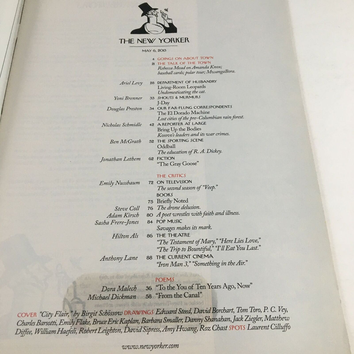 Table of contents from The New Yorker Full Magazine May 6 2013, featuring articles and contributions by various authors, including political commentary and cultural insights.