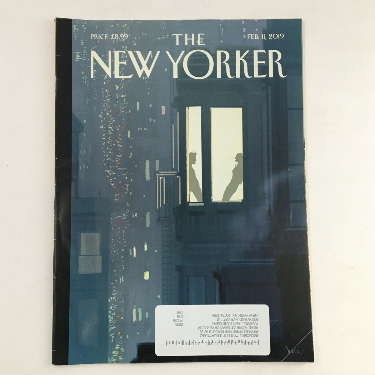 Cover of The New Yorker magazine February 11, 2019, featuring the cover art titled 'Love Interest' by Pascal Campion, displaying silhouettes against a window.