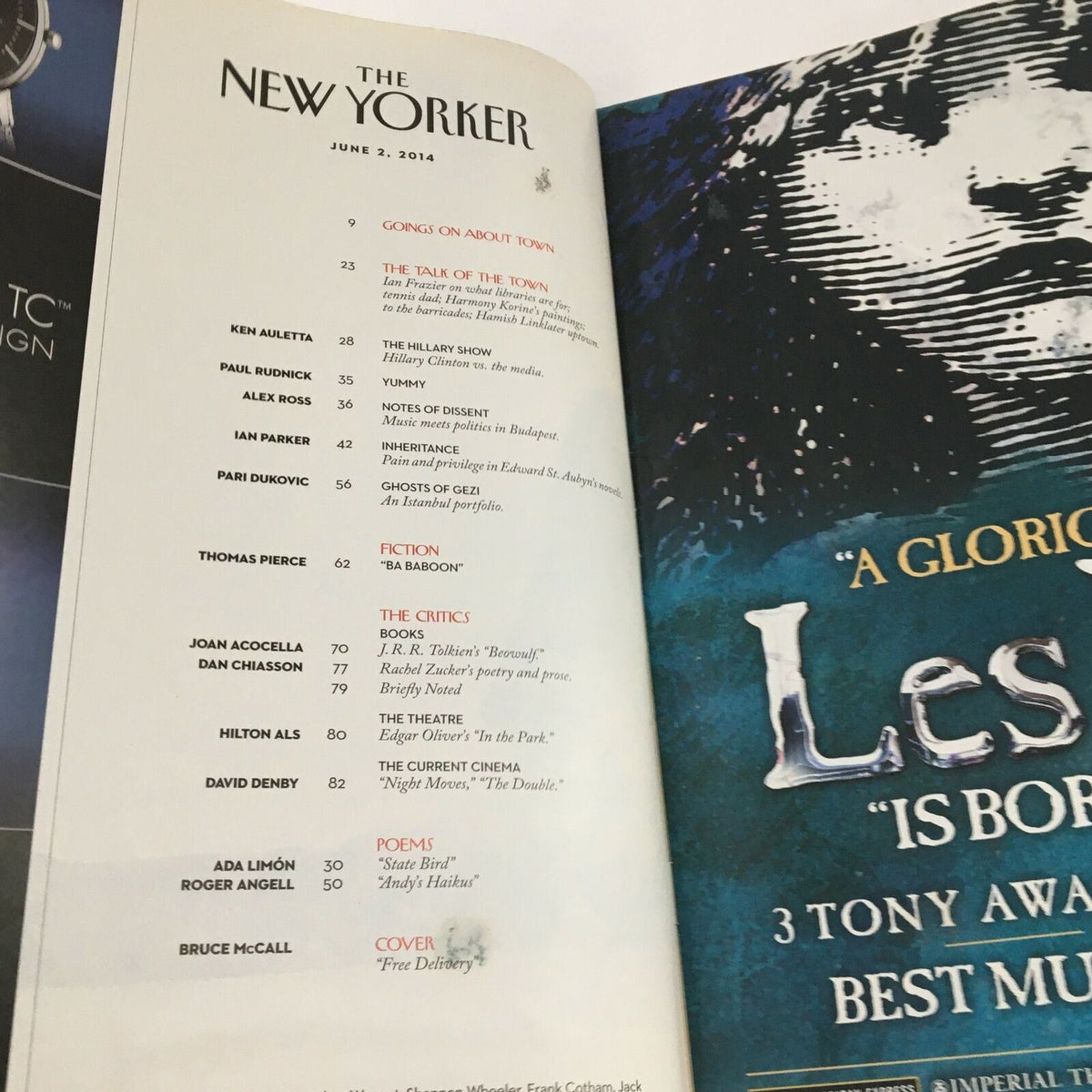 Table of contents from The New Yorker magazine June 2, 2014, including articles and contributors such as Joan Acocella, David Denby, and Bruce McCall.