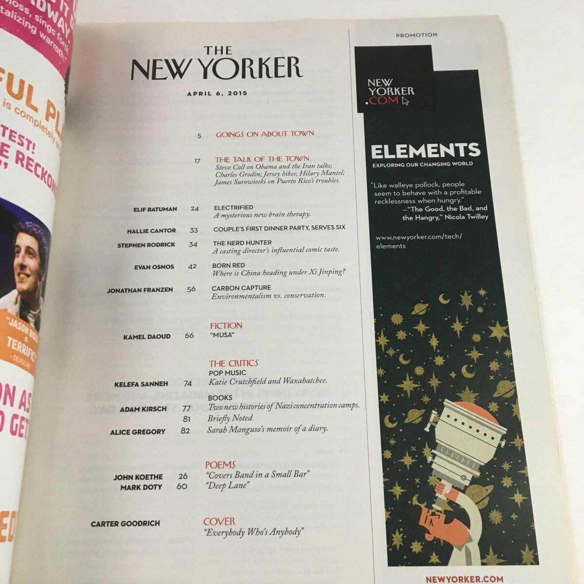 The New Yorker April 6 2015 Table of Contents showcasing articles and features including the cover by Carter Goodrich, designed for literary enthusiasts and collectors.
