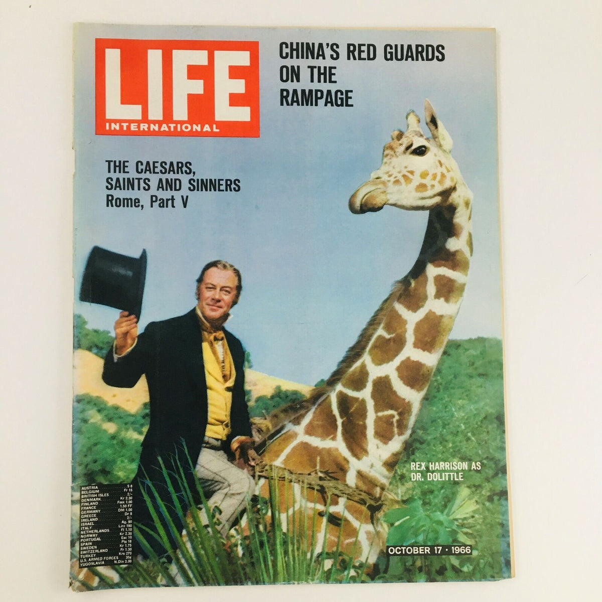 Cover of Life International Magazine from October 17, 1966 featuring Rex Harrison as Dr. Dolittle with a giraffe, showcasing vintage cinema nostalgia.