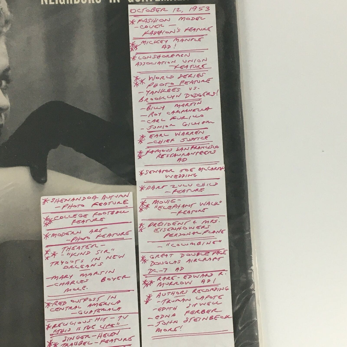 Close-up view of the notes on the cover of VTG Life Magazine from October 12, 1953, outlining featured articles alongside the iconic fashion model image.