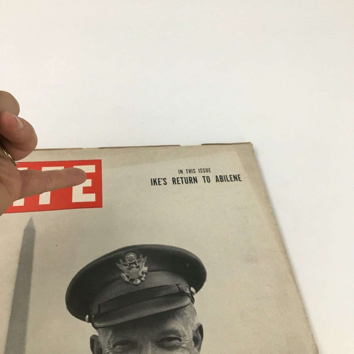 Close-up of VTG Life Magazine June 16 1952 featuring Dwight D. Eisenhower, highlighting the cover text 'IKE'S RETURN TO ABILENE'.