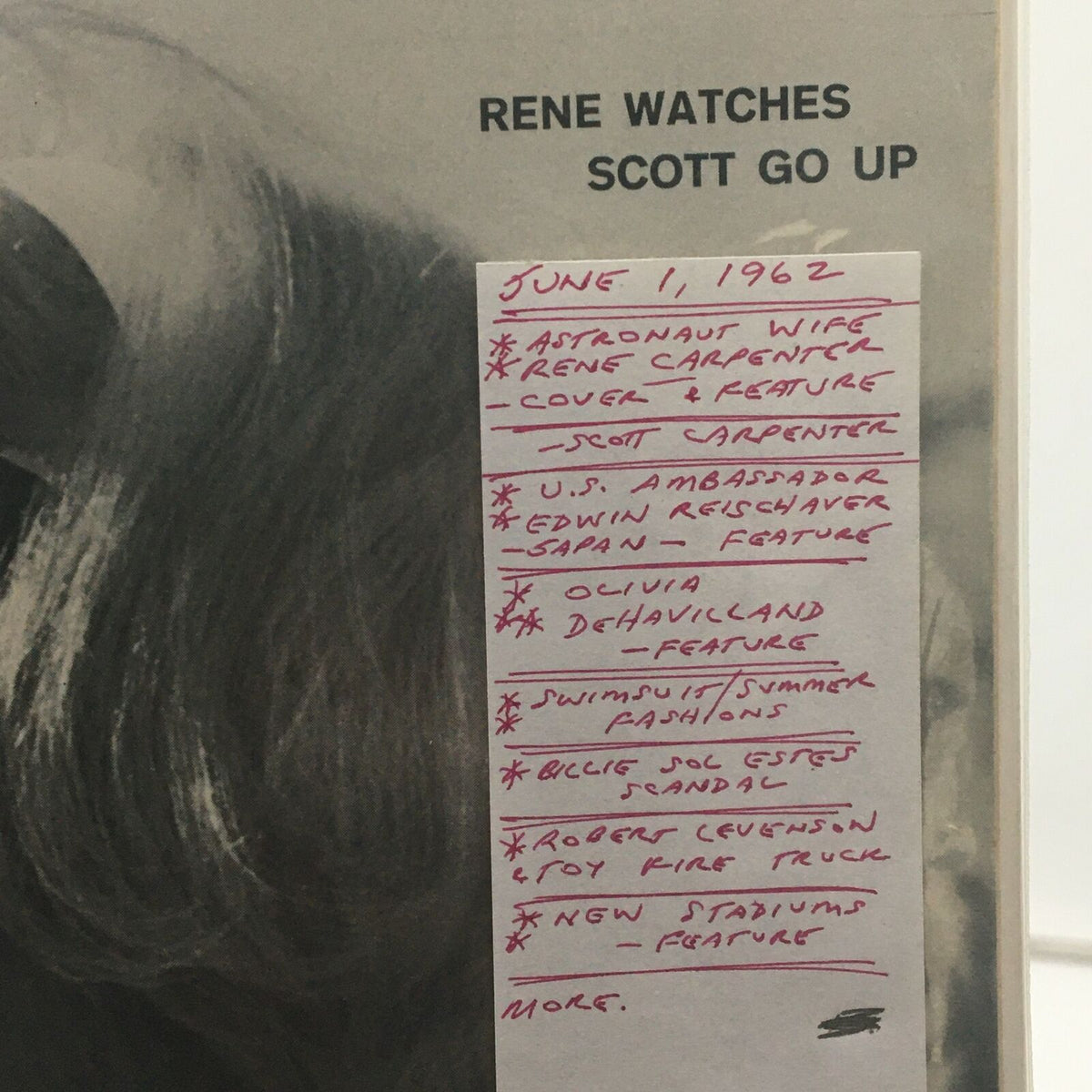 Close-up of the VTG Life Magazine June 1 1962 cover featuring Rene Carpenter, with details of the contents listed including features on Scott Carpenter and swimwear fashions.