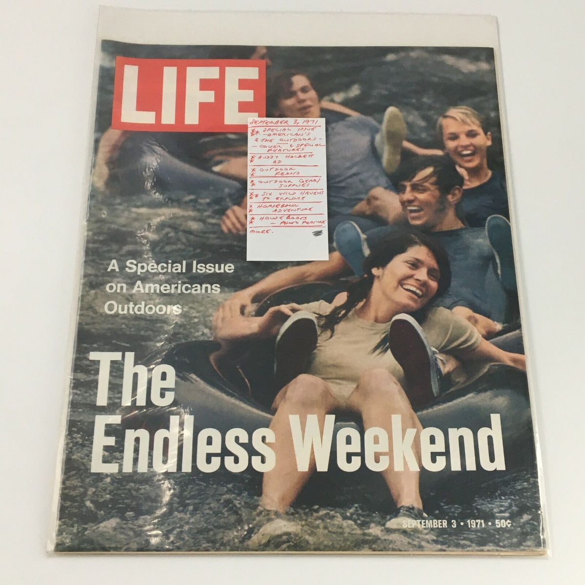 Side view of the VTG Life Magazine September 3 1971 showcasing the same outdoor activities cover along with a handwritten note detailing its features and topics.