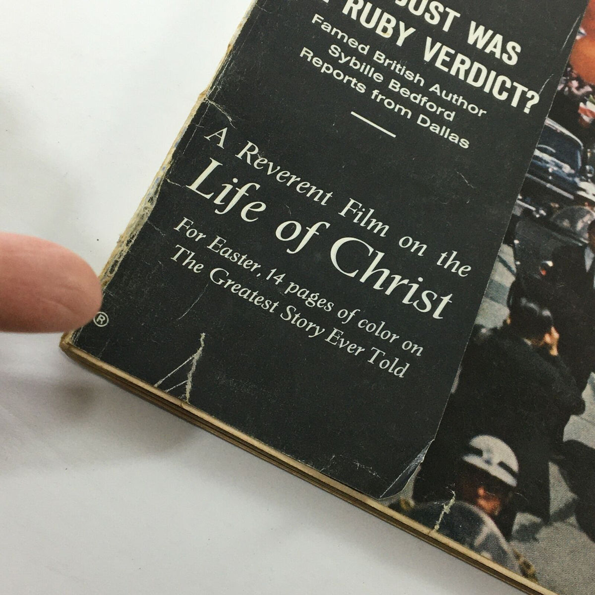 Detail of the VTG Life Magazine March 27, 1964 showing an article teaser about the Life of Christ film with a vintage photograph backdrop.