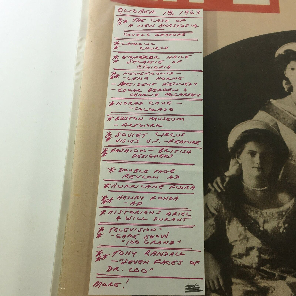 Handwritten notes inside the VTG Life Magazine October 18 1963, highlighting features including 'The Case of A New Anastasia' and various topics like a fashion feature and a game show.