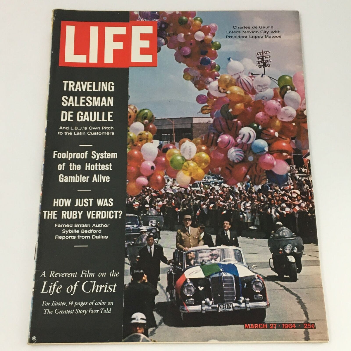 VTG Life Magazine March 27 1964 featuring Charles de Gaulle on the cover, showcasing a colorful parade scene with balloons and a festive crowd.