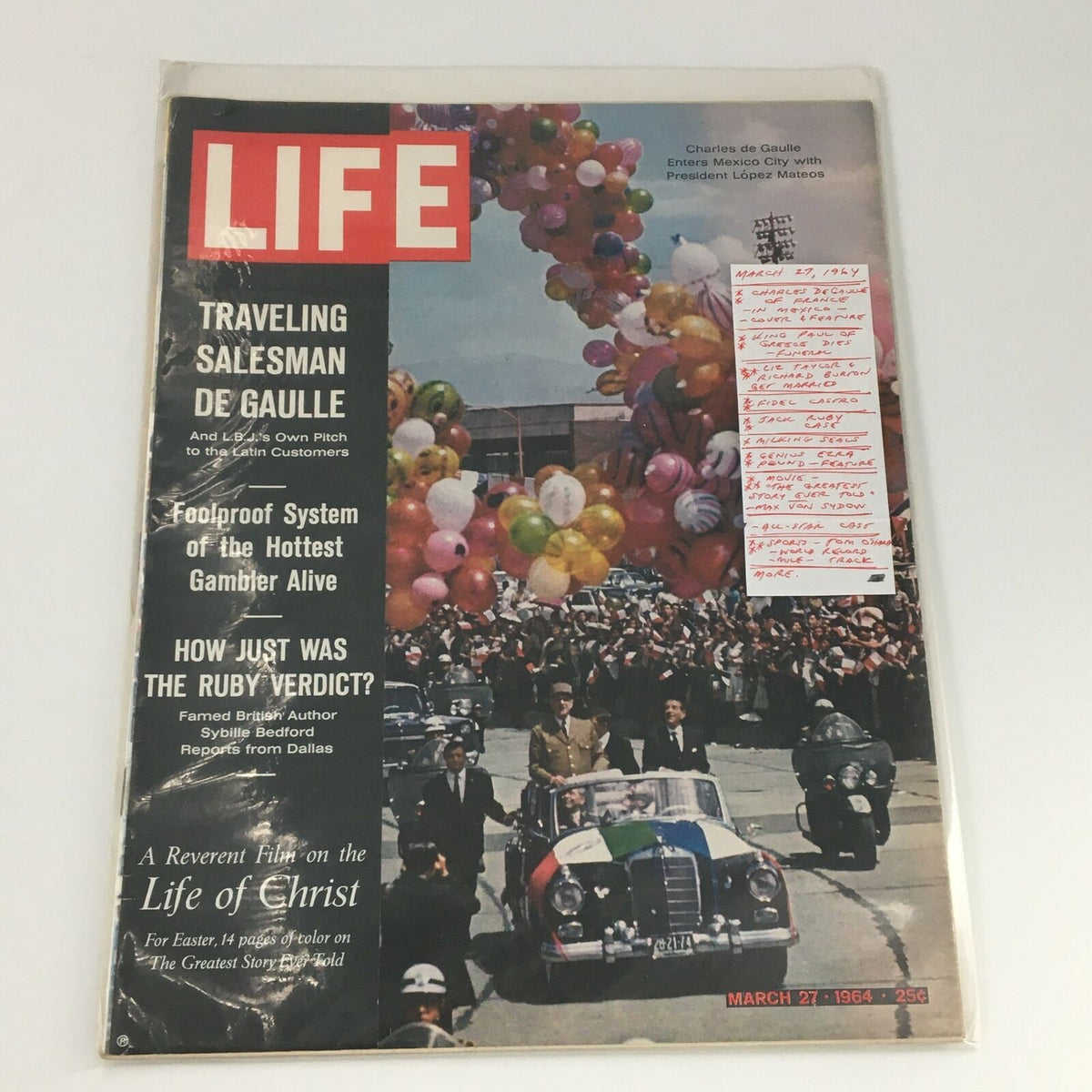 VTG Life Magazine March 27 1964 Charles de Gaulle cover featuring a vibrant parade scene with balloons during his visit to Mexico, showcasing historical significance.