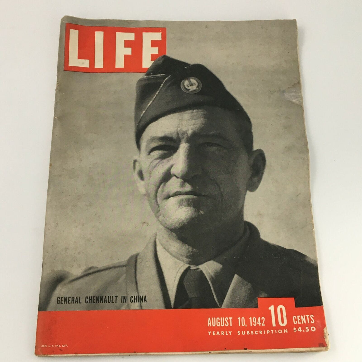 VTG Life Magazine August 10 1942 featuring General Claire Lee Chennault on the cover with a gray scale photograph and classic red and white title.