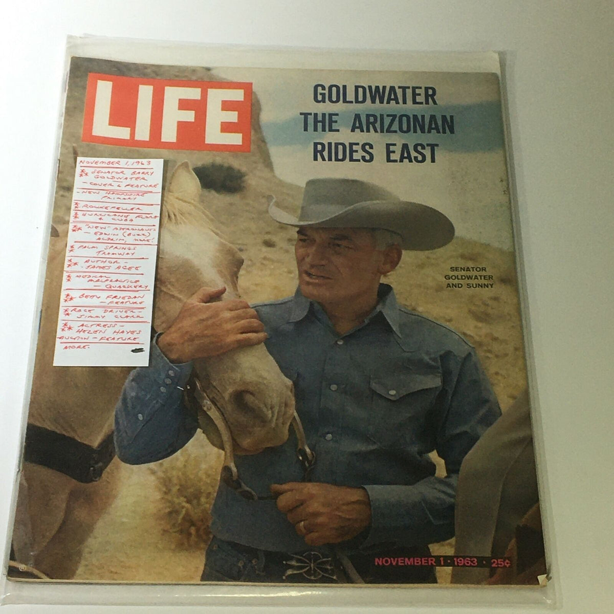 VTG Life Magazine November 1 1963 with Senator Barry Goldwater's cover and handwritten notes attached, showcasing key highlights of the issue about Goldwater's political journey.