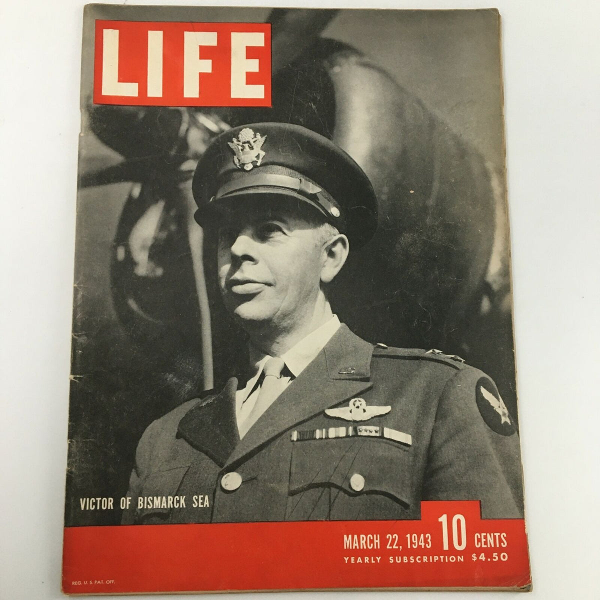 Cover of VTG Life Magazine dated March 22, 1943 featuring the title 'Victor of Bismarck Sea'. The magazine showcases a historical photograph and significant design elements from World War II.